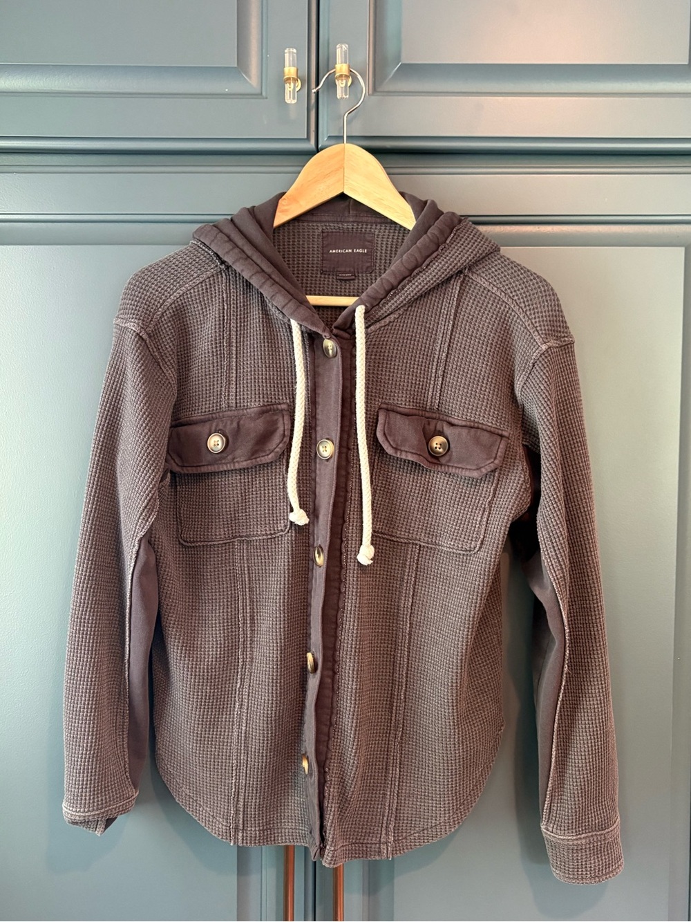 American Eagle Hooded Waffle Button-Up Jacket - Charcoal